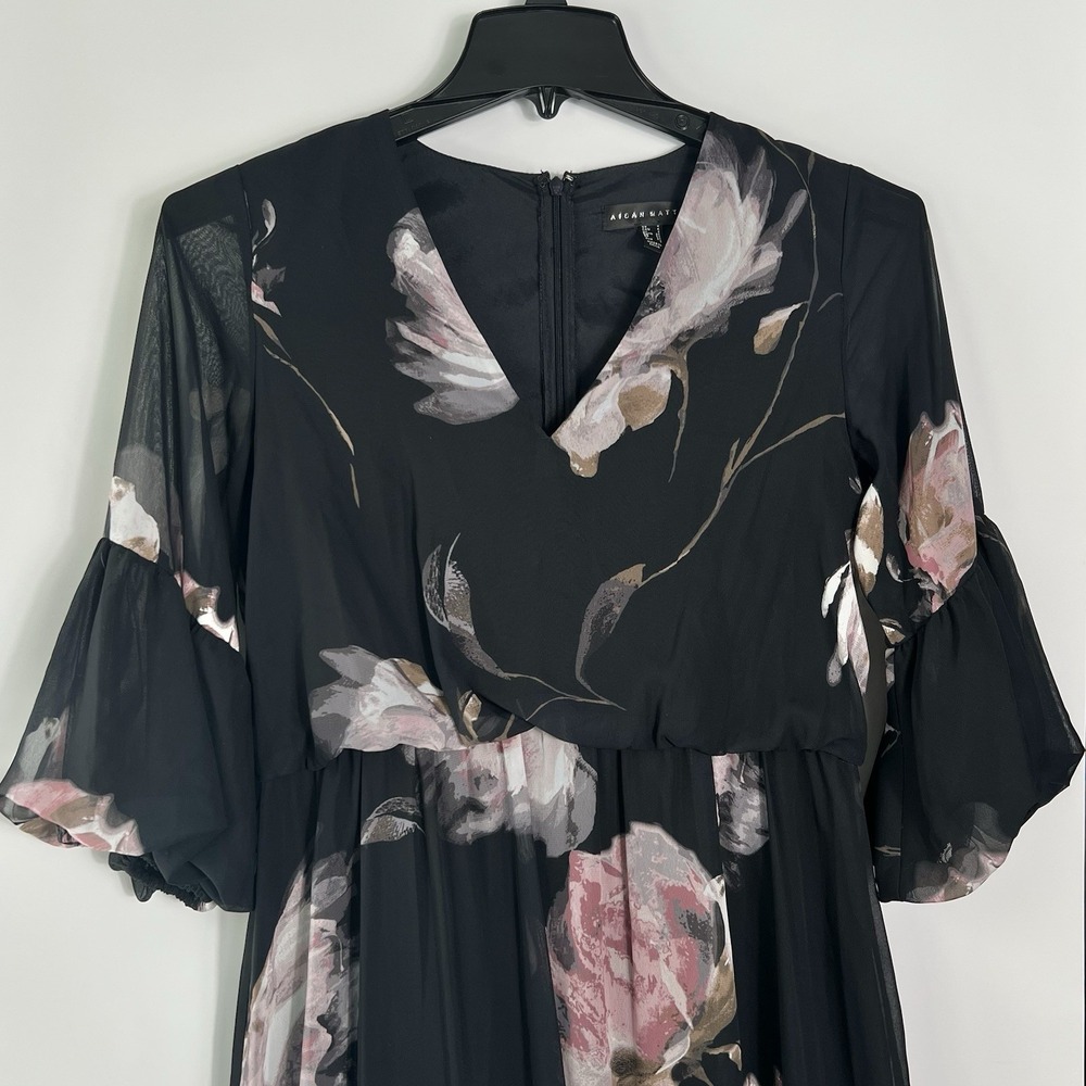 Aidan Mattox Womens Size 4 Black Floral Maxi Dress Sheer Sleeve **See‎ Details